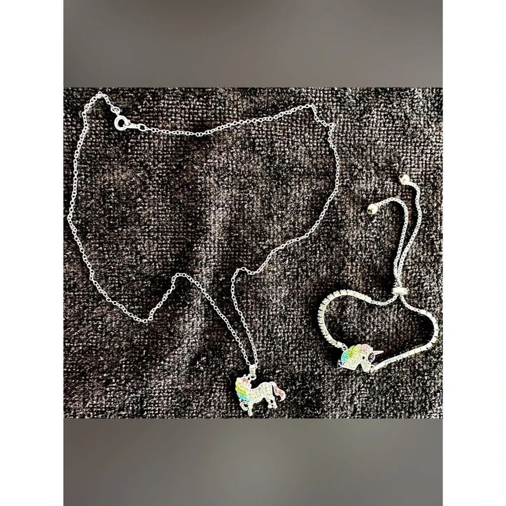 Rainbow Unicorn Rhinestone Necklace & Adjustable Bracelet Set – Silver Jewelry